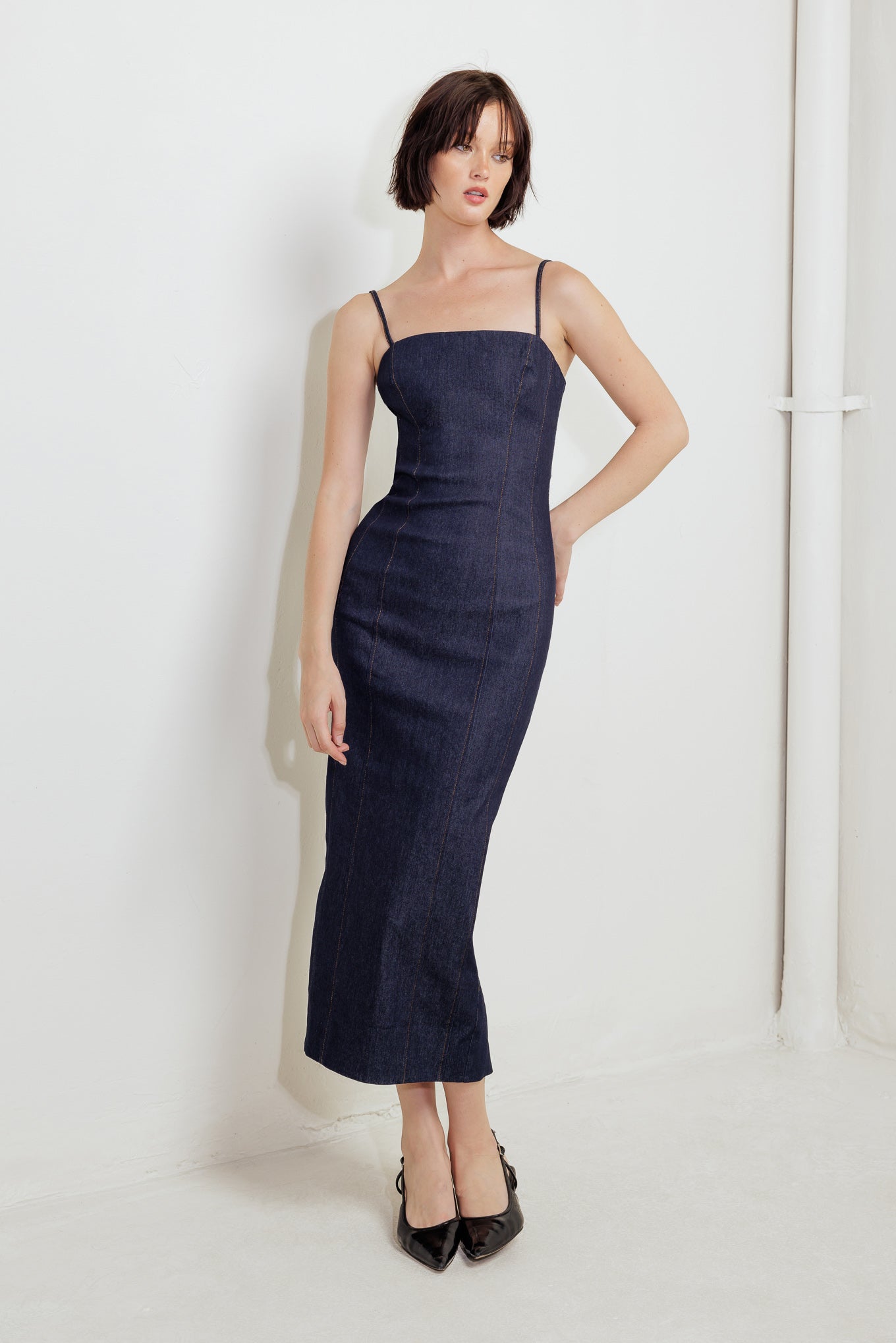 QUIET CURVE DARK DENIM MIDI DRESS Flying Tomato